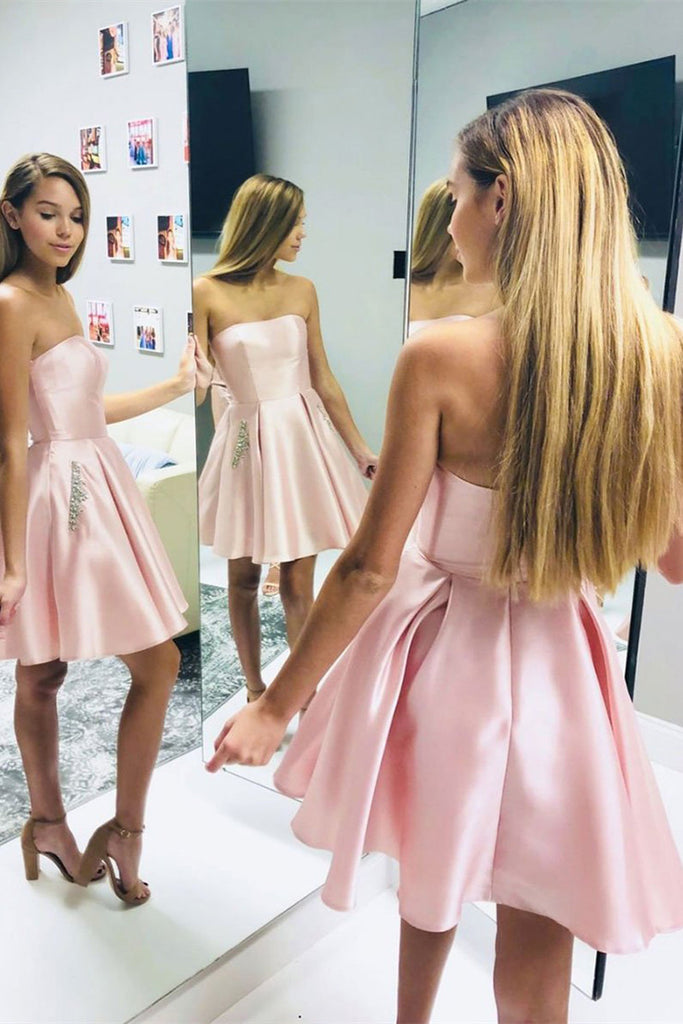A-line Sleeveless Pink Satin Short Homecoming Dresses With Pockets