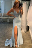 Shiny Mermaid Evening Party Dresses Light Blue Beaded Long Prom Dress