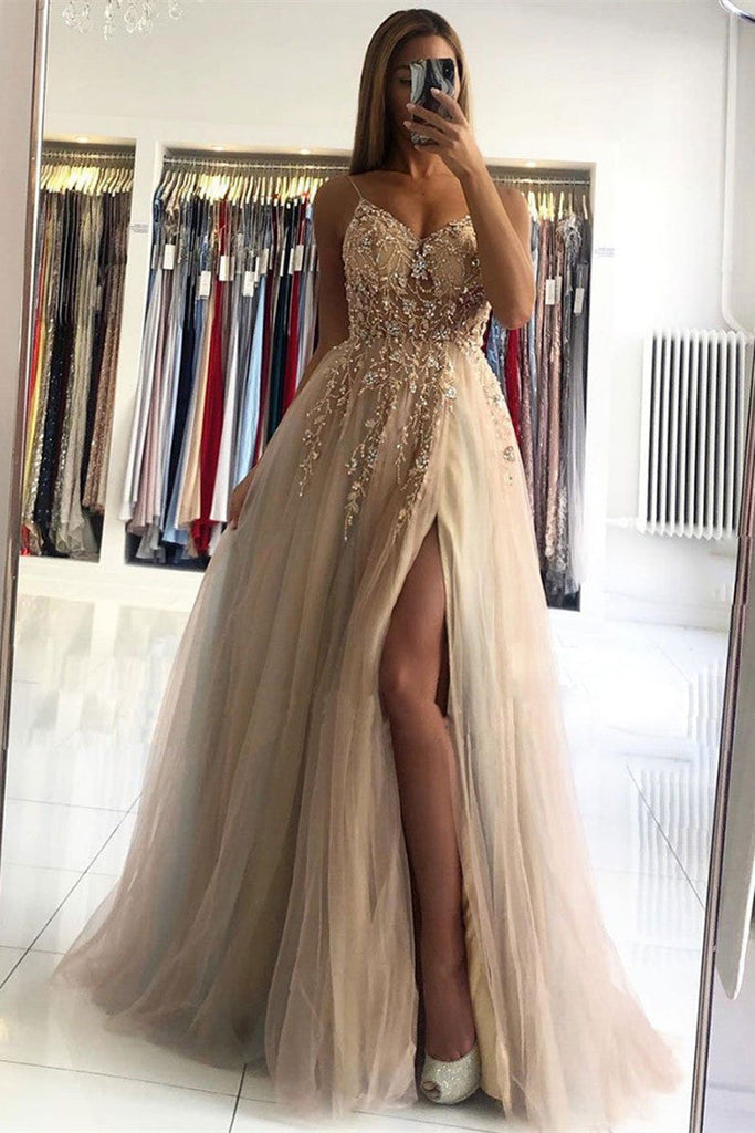 Shiny A-line Spaghetti Straps Appliques Long Prom Dresses, Evening Gowns