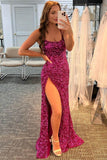 Evening Party Dresses Fuchsia Shiny Sequins Mermaid Long Prom Dresses