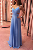 Simple A-line Spaghetti Straps Blue Chiffon Long Prom Dress, Bridesmaid Dresses