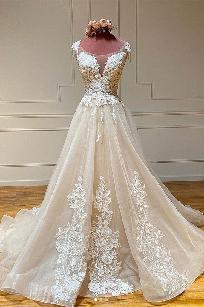 Chic A-line Sleeveless Tulle Appliques Prom Gowns