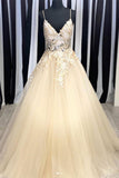 Pretty A-line Sleeveles V-neck  Champagne  Appliques Tulle Prom Dresses