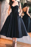 Elegant A-line Sweetheart Black Satin Short Prom Dresses, Homecoming Dresses