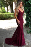Fashion Mermaid Spaghetti Straps Burgundy Lace Prom Dresses, Evening Gowns