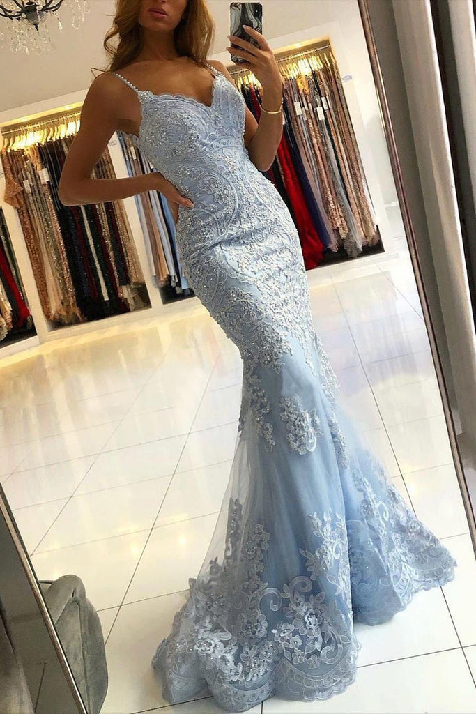 Modest Mermaid Sleeveless Light Blue Lace Long Prom Dresses