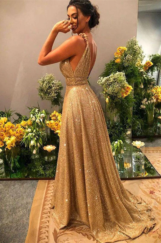 Sexy A-line V-neck Sequins Long Prom Dresses, Evening Gowns