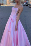 Cute A-line Sleeveless Beading Pink Satin Prom Dresses, Evening Dresses With Pockets