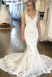 Sexy Mermaid V-neck Ivory Lace LongWedding Dresses