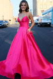 Shiny A-line Spaghetti Straps Lace-up Pink Satin Prom Dresses, Formal Gowns