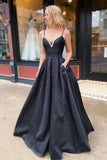 Elegant A-line Sleeveless Beading Black Satin Prom Dresses, Long Evening Gowns