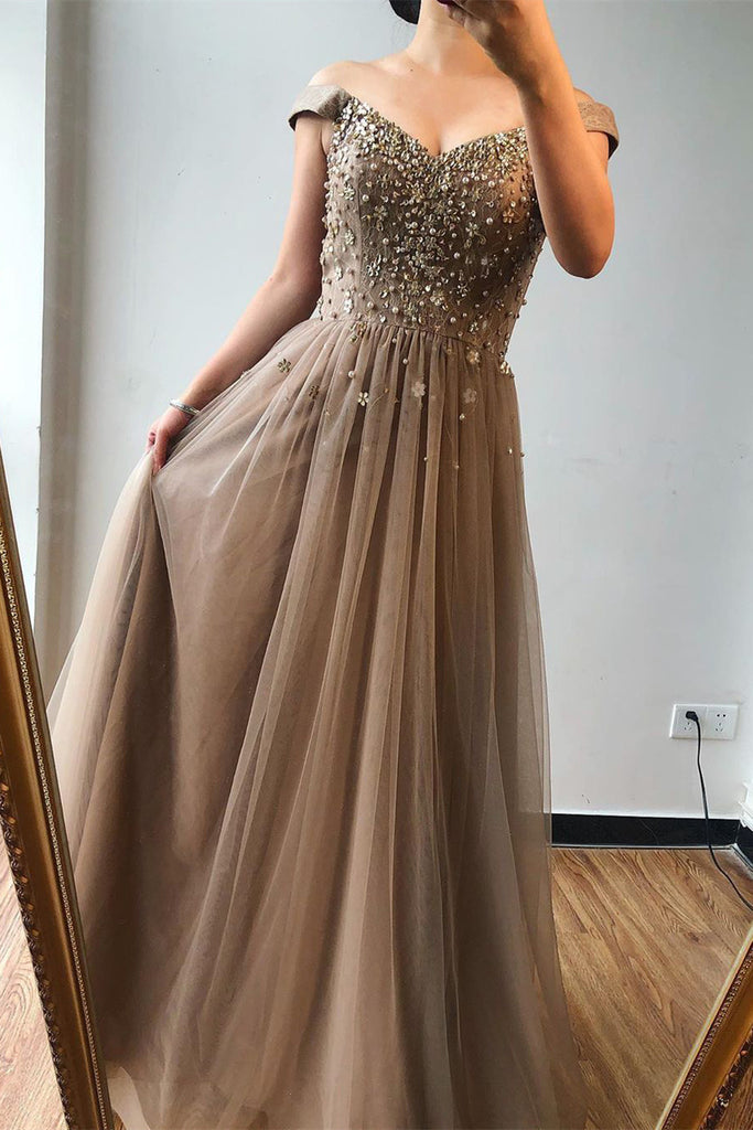 Simple A-line Off-the-shoulder Beading Long Tulle Prom Dresses