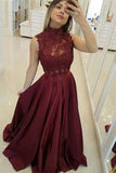 Modest A-line High Neck Lace Long Prom Dresses