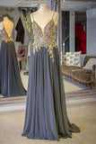 Chic A-line Sleeveless Lace Grey Chiffon Long Prom Dresses, Evening Gowns