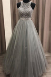 Modest A-line Sleeveless Beading Grey Tulle Long Prom Dresses, Formal Gowns