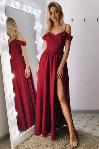 A-line Spaghetti Straps Burgundy  Long Prom Dresses With Slit