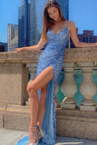 Blue Sequin Spaghetti Straps Mermaid Prom Dress With Side Slit