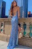 Blue Sequin Spaghetti Straps Mermaid Prom Dress With Side Slit