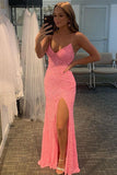 Blue Sequin Spaghetti Straps Mermaid Prom Dress With Side Slit