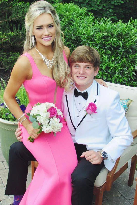 Simple Mermaid Open Back Hot Pink Formal Evening Dresses Long Prom Dresses
