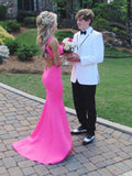 Simple Mermaid Open Back Hot Pink Formal Evening Dresses Long Prom Dresses