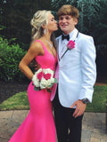 Simple Mermaid Open Back Hot Pink Formal Evening Dresses Long Prom Dresses