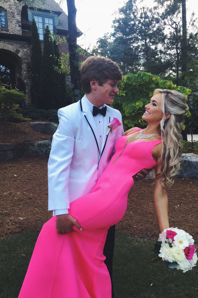 Simple Mermaid Open Back Hot Pink Formal Evening Dresses Long Prom Dresses