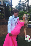 Simple Mermaid Open Back Hot Pink Formal Evening Dresses Long Prom Dresses