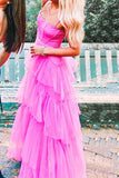 A Line Layered Ruffles Evening Gown Fashion Hot Pink Tulle Long Prom Dress
