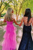 A Line Layered Ruffles Evening Gown Fashion Hot Pink Tulle Long Prom Dress