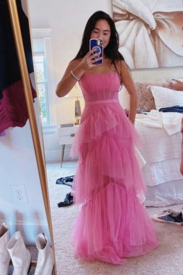 A Line Layered Ruffles Evening Gown Fashion Hot Pink Tulle Long Prom Dress