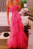 A Line Layered Ruffles Evening Gown Fashion Hot Pink Tulle Long Prom Dress