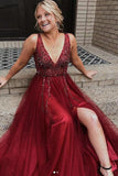 Popular Burgundy Sexy  School Dance Dress Long Prom Dress with Beading