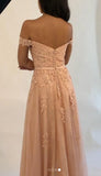 School Dance Dress Formal Evening Dress  Off Shoulder Tulle Long Prom Dress with Applique and Beading