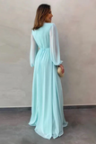 Long Sleeves A-Line V-Neck Long Chiffon Prom Dresses With Split