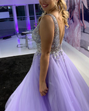 Graduation Dress A Line Tulle V Neck Long Formal Dress  Prom Dresses with Beading