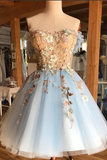 Chic Strapless Lace Appliques Light Blue Tulle Short Prom Dress Homecoming Dresses Hoco Gown