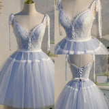 Sky Blue Spaghetti Straps Tulle Birthday Party Prom Dress Short Homecoming Dress