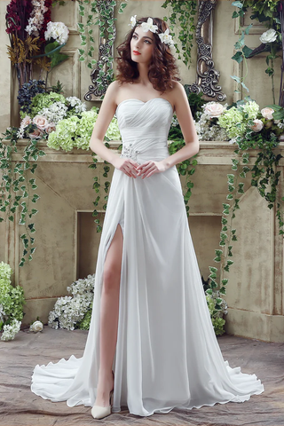 Simple A Line Strapless Sequins Silk Like Satin Split Court Train Wedding Dresses With Pearls WH20251