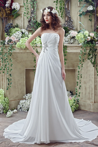 A Line Strapless Sequins Court Train Silk Like Satin Wedding Dresses With Pearls WH20242