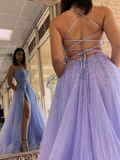 Formal Evening Dress With Slit Beaded Long Tulle  A Line Prom Dress