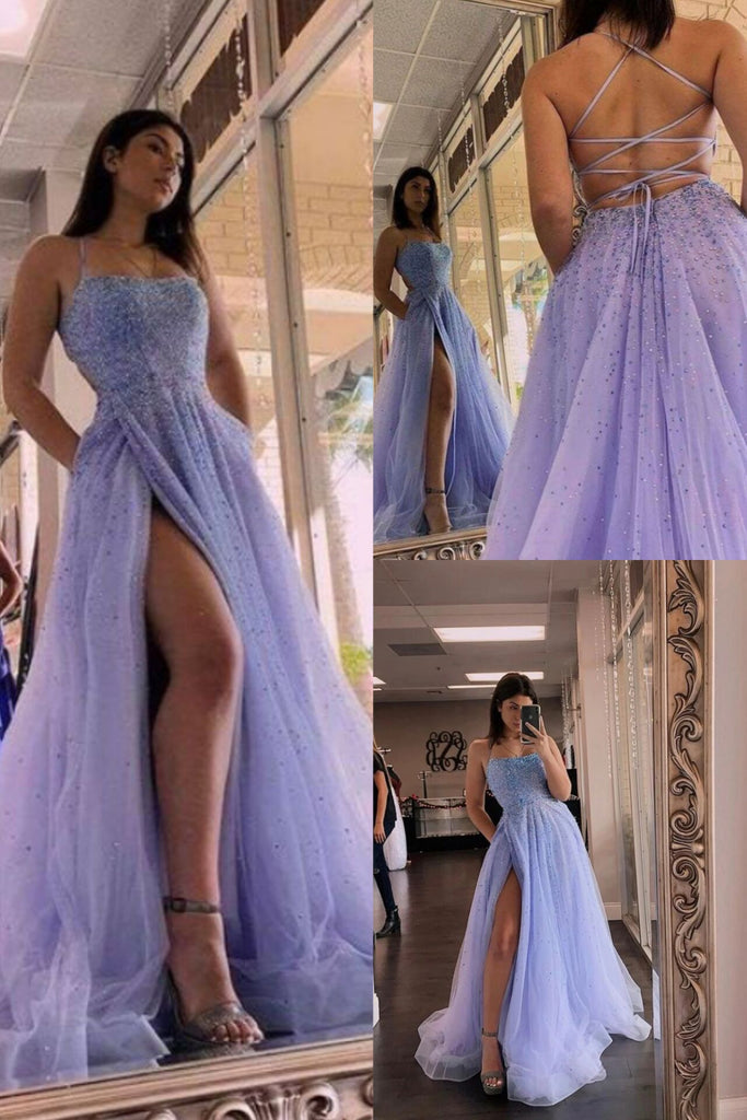 Formal Evening Dress With Slit Beaded Long Tulle  A Line Prom Dress