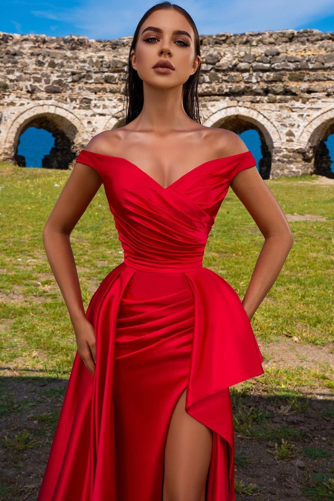 Elegant Party Dress Satin Red Off-The-Shoulder Mermaid Prom Dress With Front Split