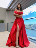 A-Line Party Dress Satin Red Off-the-Shoulder Prom Dress With Front Split