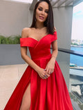 A-Line Party Dress Satin Red Off-the-Shoulder Prom Dress With Front Split