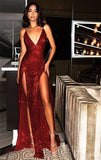 V-Neck Red Sequins A-Line Long Prom Dress With Slit