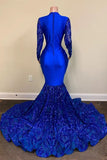 Mermaid Long Sleeve V-neck Royal Blue Sequins Prom Dress with Appliques
