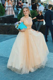 A-Line V Neck Tulle  Pearls Evening Party Dresses Elegant Long Prom Dresses