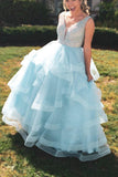 A-line V Neck Beaded Blue Chrming Tiered Long  Prom Dress