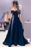 Rhinstone Off the Shoulder Dark Navy A-Line Long Prom Dresses Evening Party Gowns
